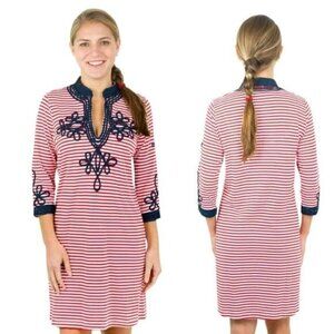 Gretchen Scott Admiral Midi Tunic Dress Striped Embroidery V-Neck Nauticalcore S